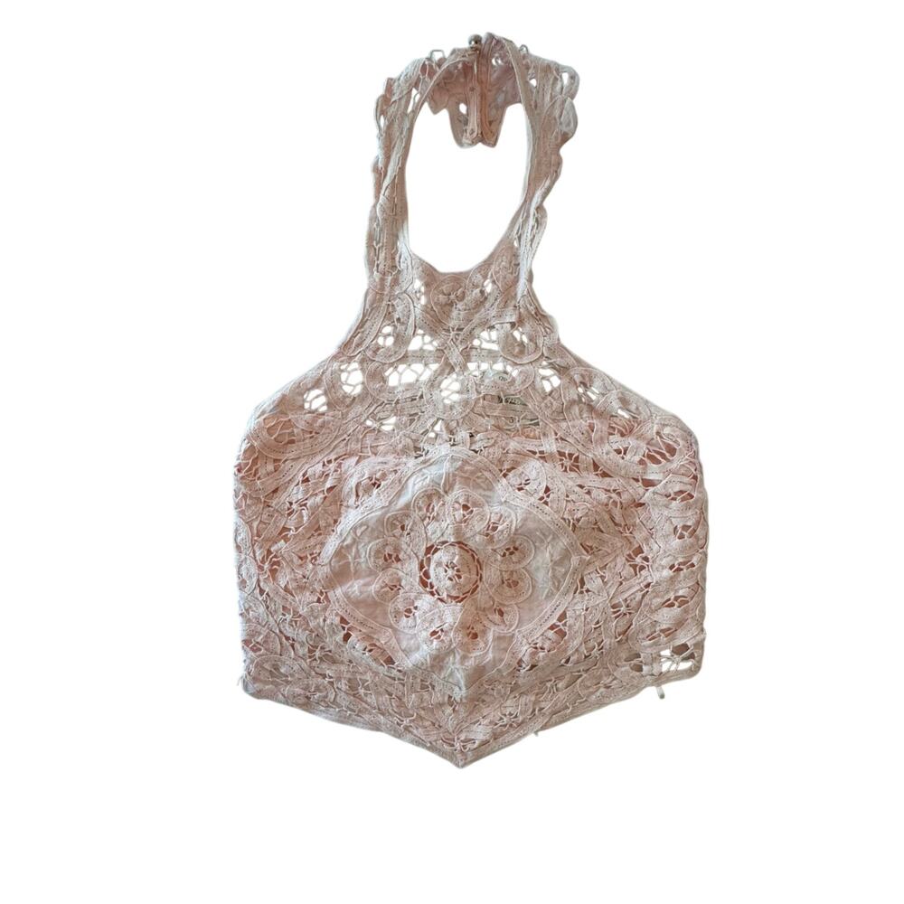 New Free People Batting My Eyes Crochet Lace Halter Crop Top XS Pink Boho